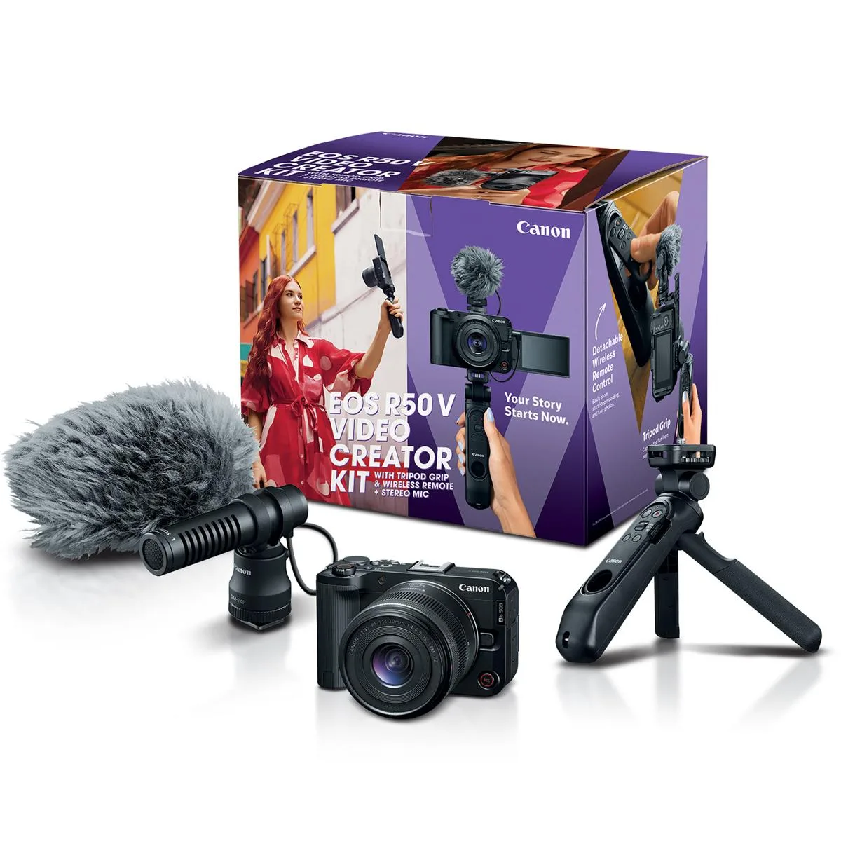 Compact mirrorless camera body with power zoom lens, stereo microphone and tripod grip