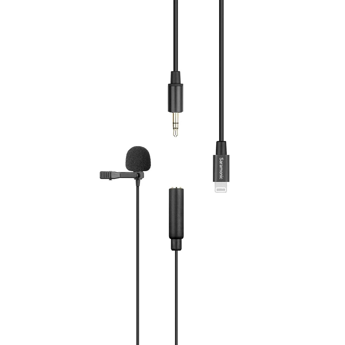 Small black clip-on microphone with 6.6ft cable and Lightning plug