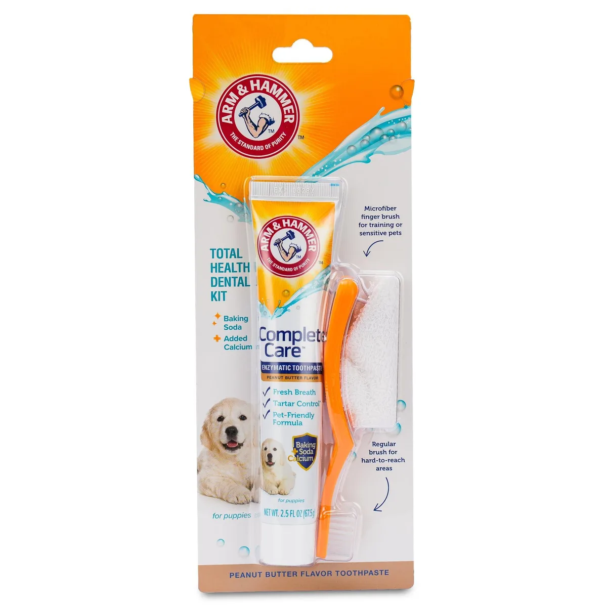 Arm & Hammer puppy dental kit with peanut butter toothpaste tube small brush and finger brush