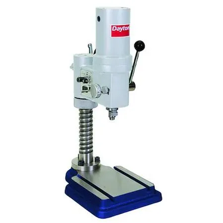 Dayton bench drill press, grey cast iron column and base, keyed chuck, variable speed knob, 115V motor housing