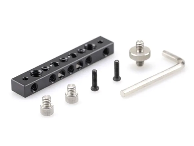 Black anodised aluminium cheese bar with 1/4 and 3/8 inch threaded holes