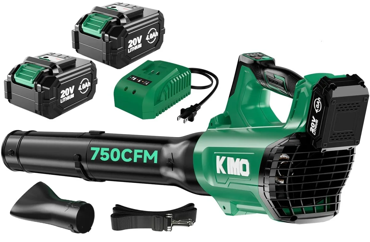 Orange cordless leaf blower with three black extension tubes, two batteries and a shoulder strap
