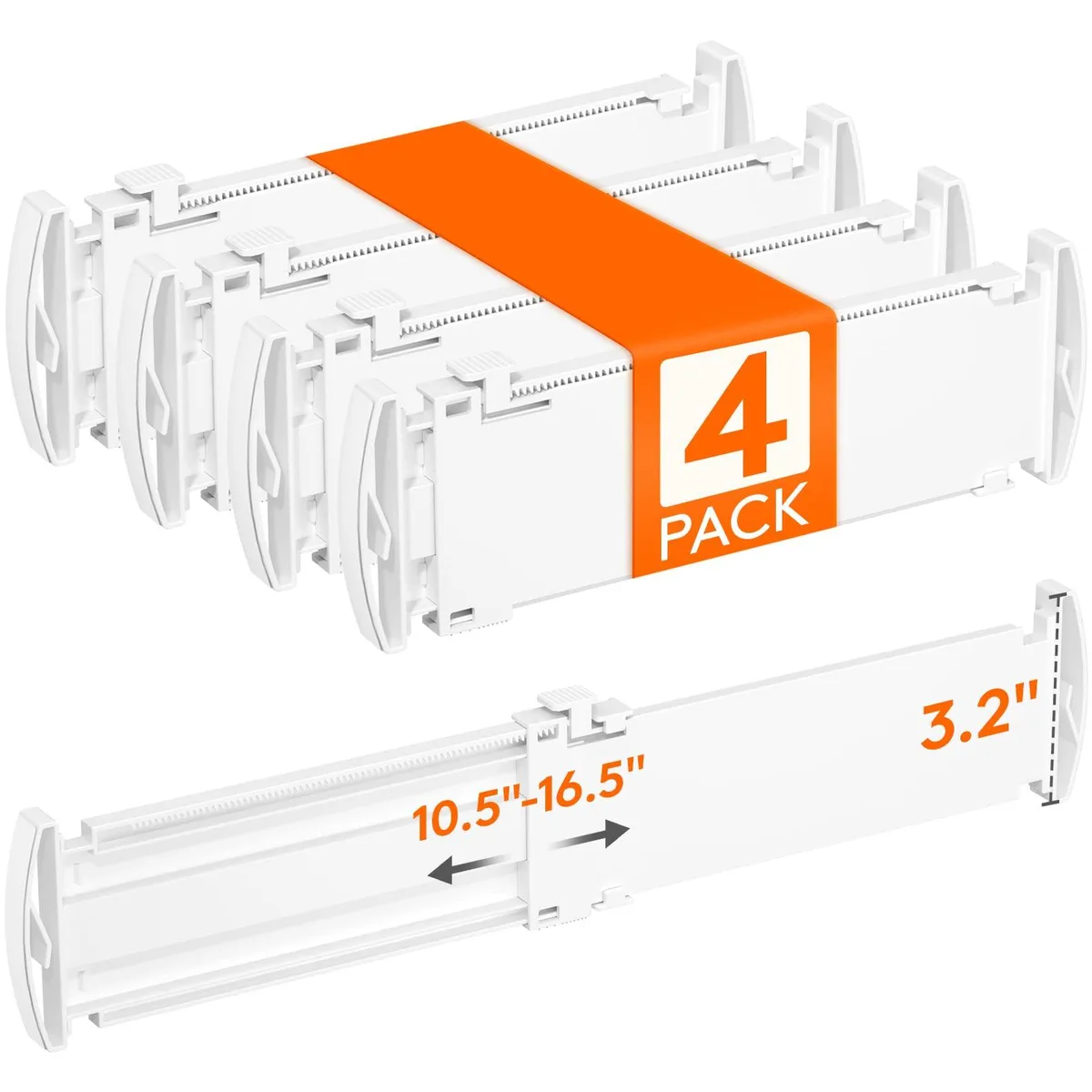 Four slim white plastic drawer dividers with top buttons and silicone end pads