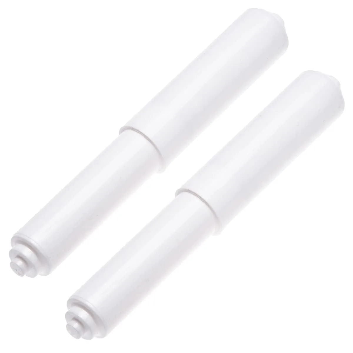 Two white spring-loaded toilet paper rollers with tapered ends