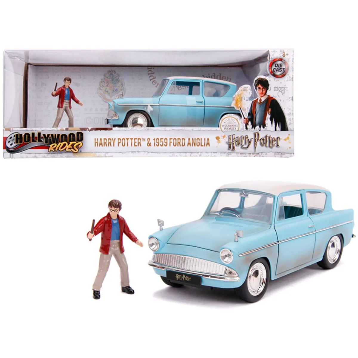 Jada Jada 1959 Ford Anglia Light Blue Weathered 1/24 Diecast with Harry Potter Figurine — product photo