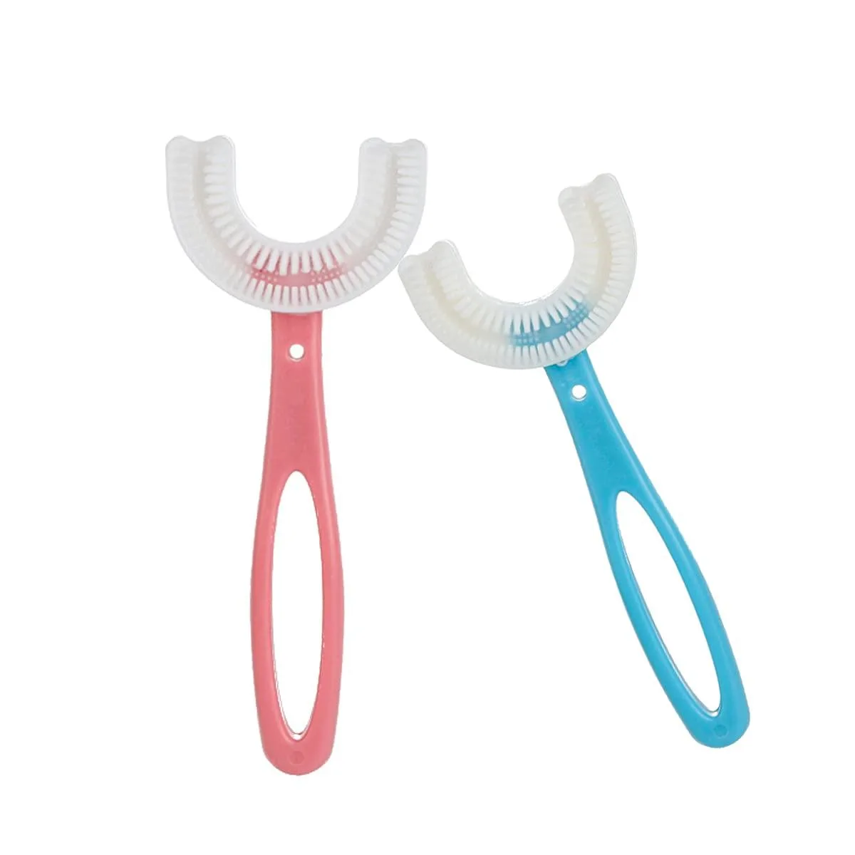 Two pink and blue U-shaped silicone kids toothbrushes