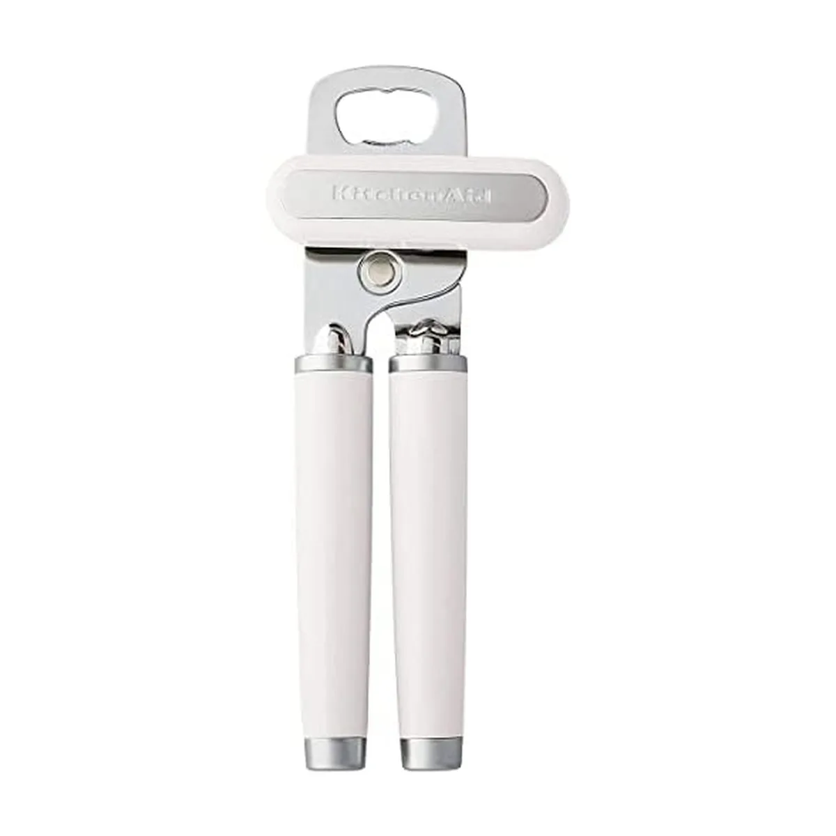 White manual can opener with soft ergonomic handles and built-in bottle opener