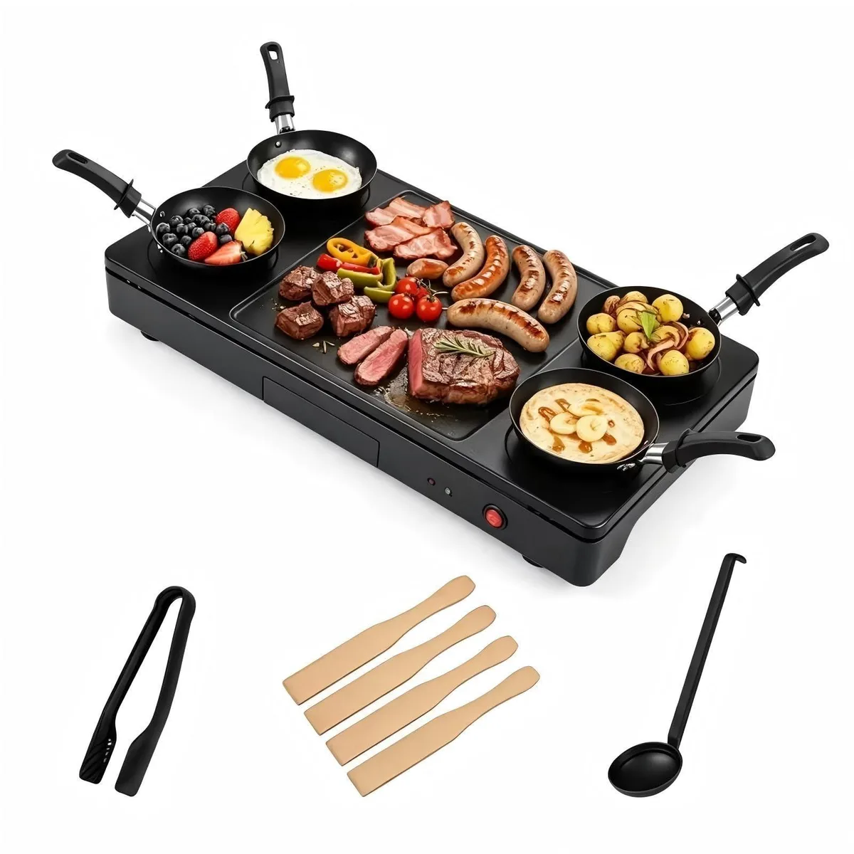 Black electric raclette grill with four detachable non-stick woks and flat griddle plate