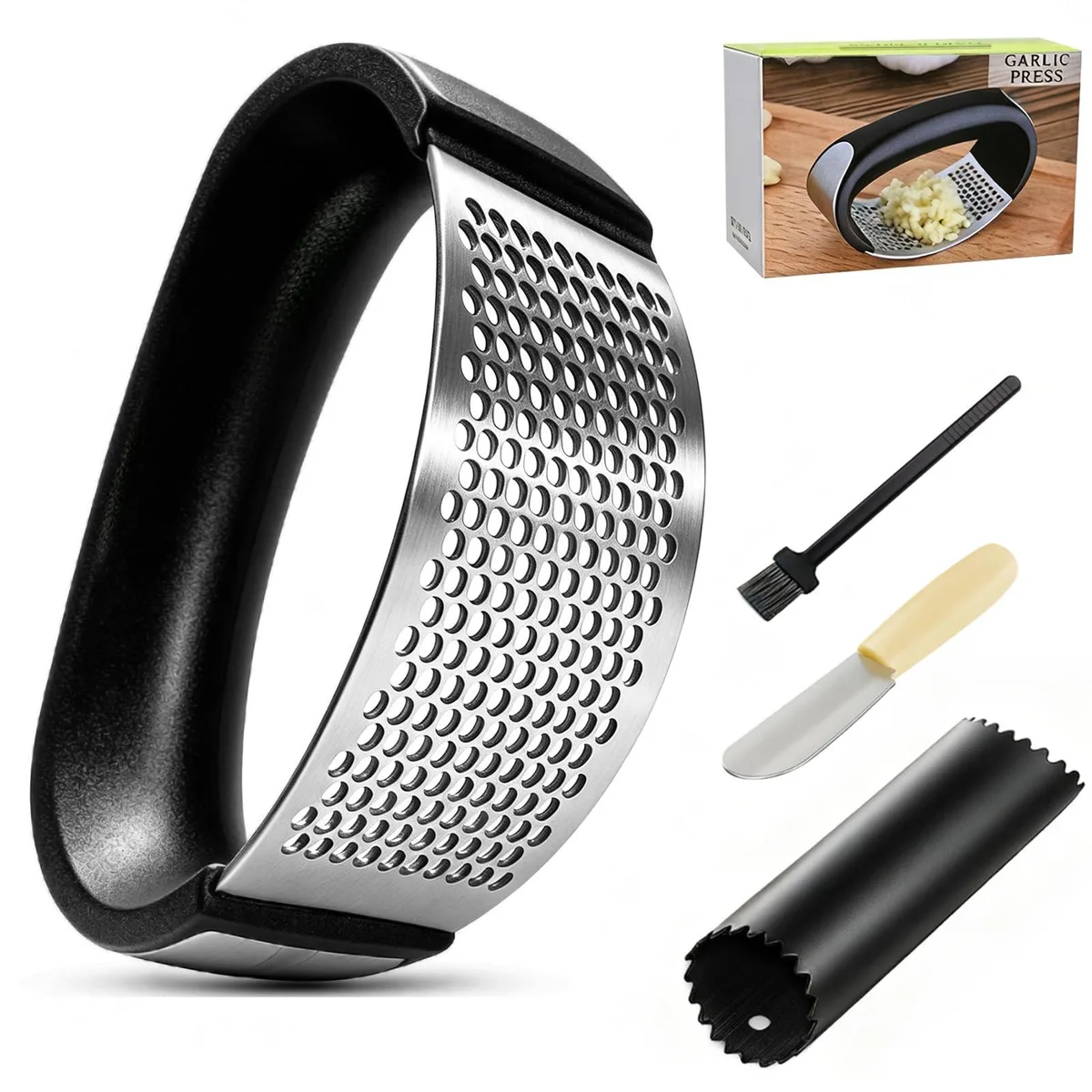 Stainless steel garlic rocker press with peeler tube and scraper tool