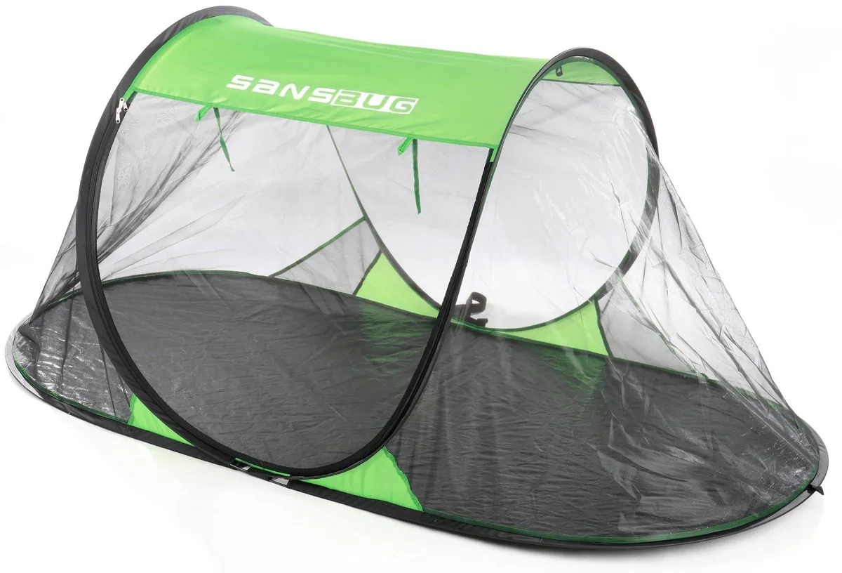 Lightweight pop-up screen tent with fine mesh walls and attached tarp floor, folded flat