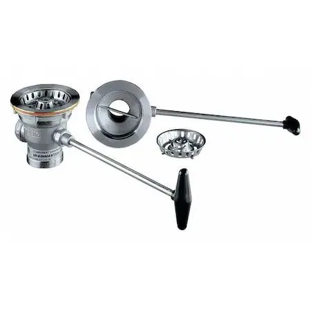 Silver rectangular stainless steel drain assembly with rotary handle and crumb cup basket strainer
