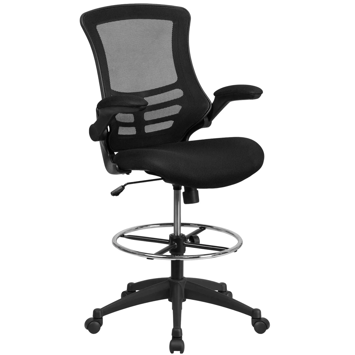 Flash Furniture Flash Furniture Mid-Back Mesh Drafting Chair Adjustable Foot Ring Flip-Up Arms Black — product photo