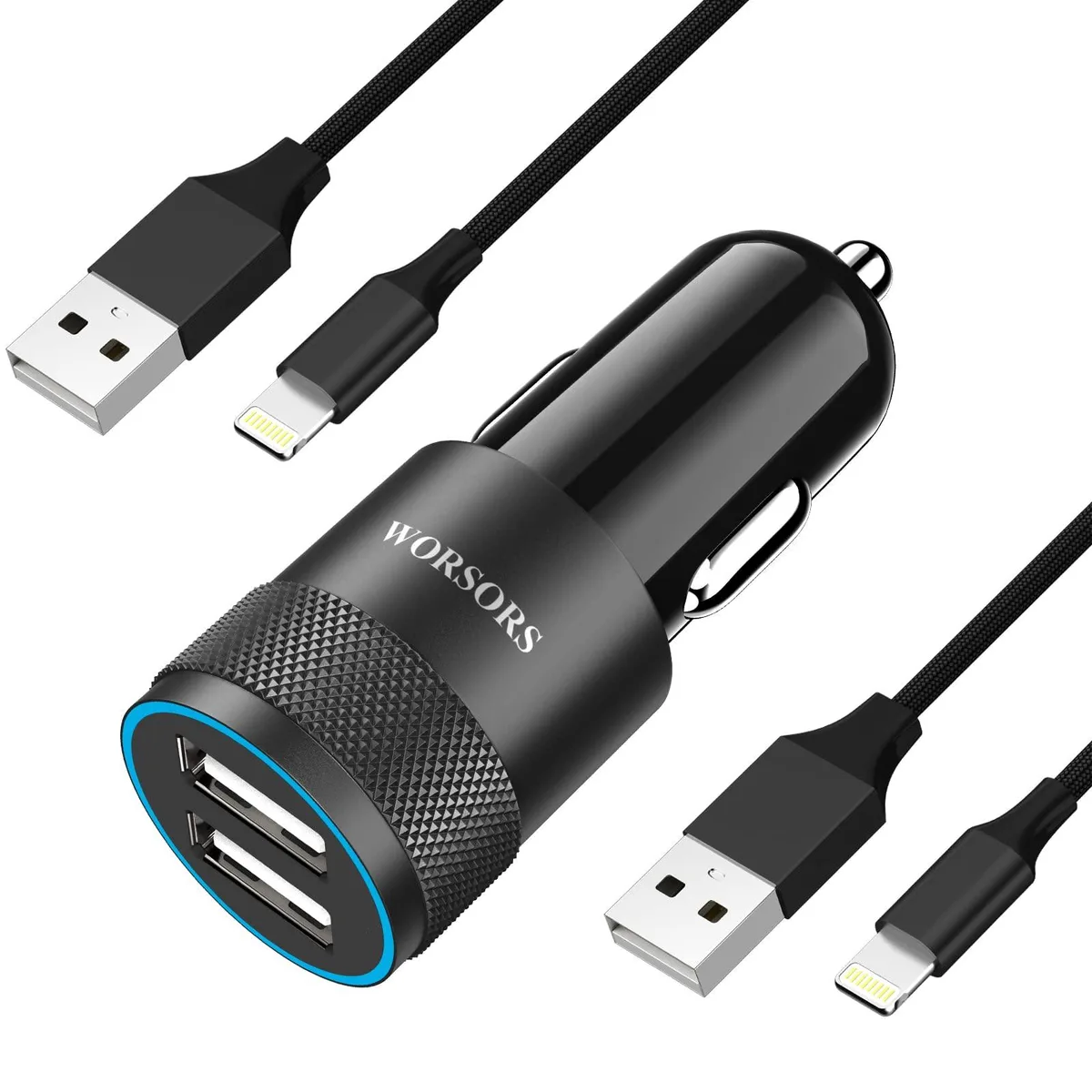  WORSORS CC001 Dual USB Car Charger 4.8A with 2 Pack 3Ft MFi Lightning Cables — product photo
