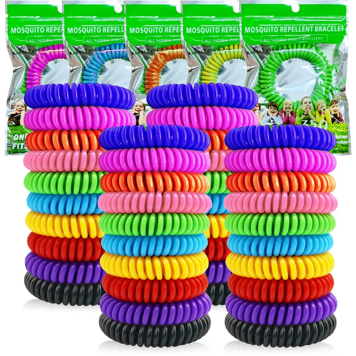 Colourful EVA mosquito-repellent wristbands and stickers in individual wrappers
