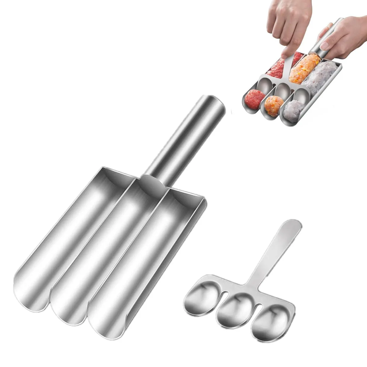 Triple meatball maker in 304 stainless steel, three spoon-shaped cavities, long handle, silver finish