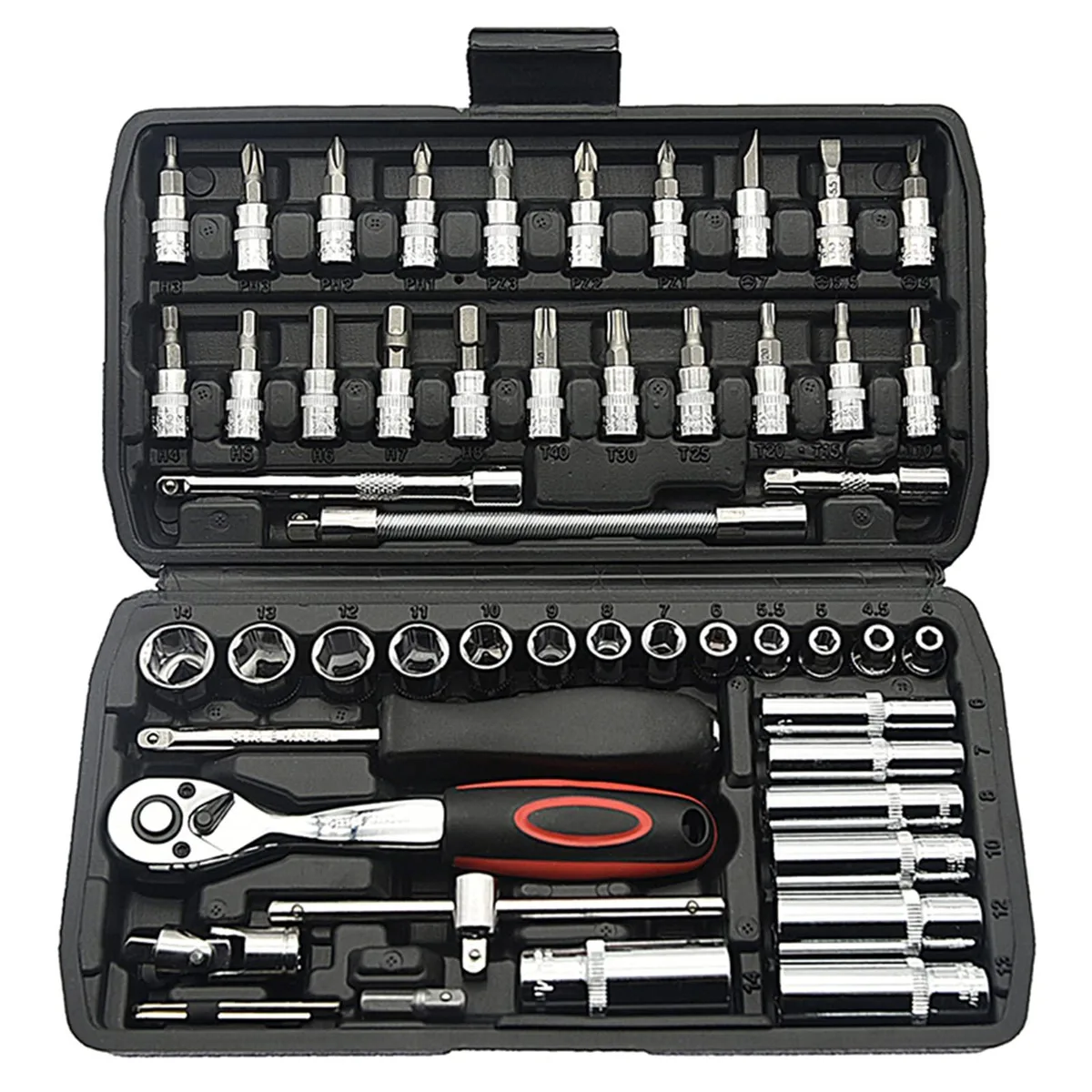 Black 53-piece 1/4 inch socket wrench set in sturdy case