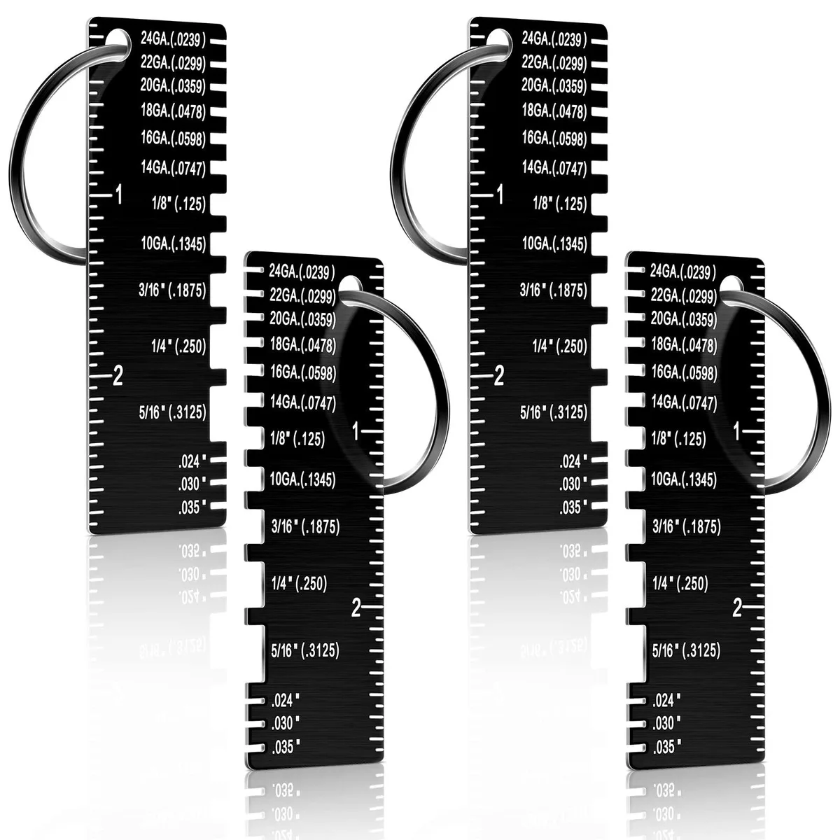 Four stainless steel wire and sheet thickness gauges with double-sided engraved scales