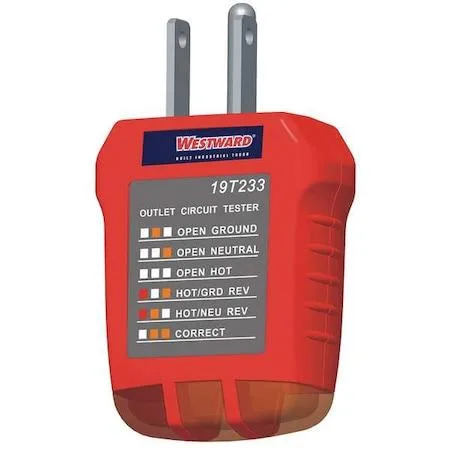 Yellow plastic receptacle tester with three indicator lights and NEMA 5-15P plug