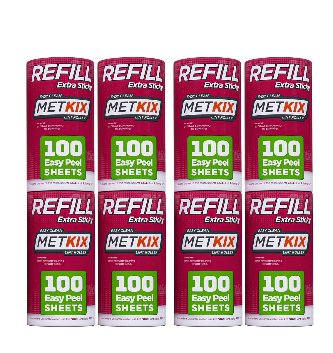 Eight white lint roller refills in a row, each with 100 tear-off sticky sheets