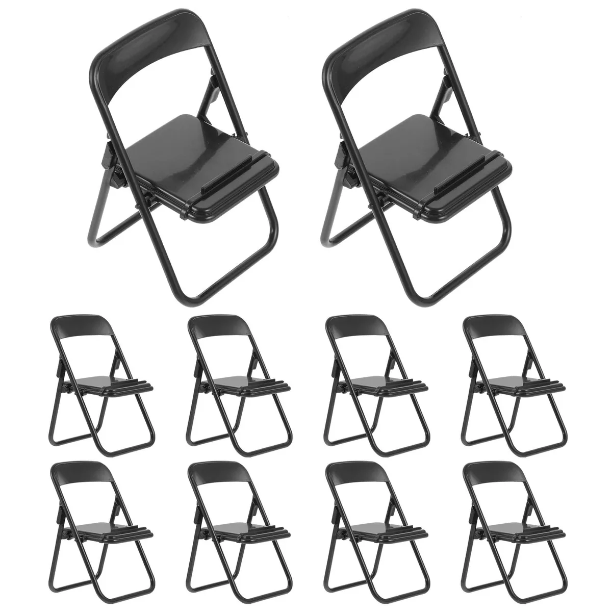 Ten miniature black folding chair phone stands on a table