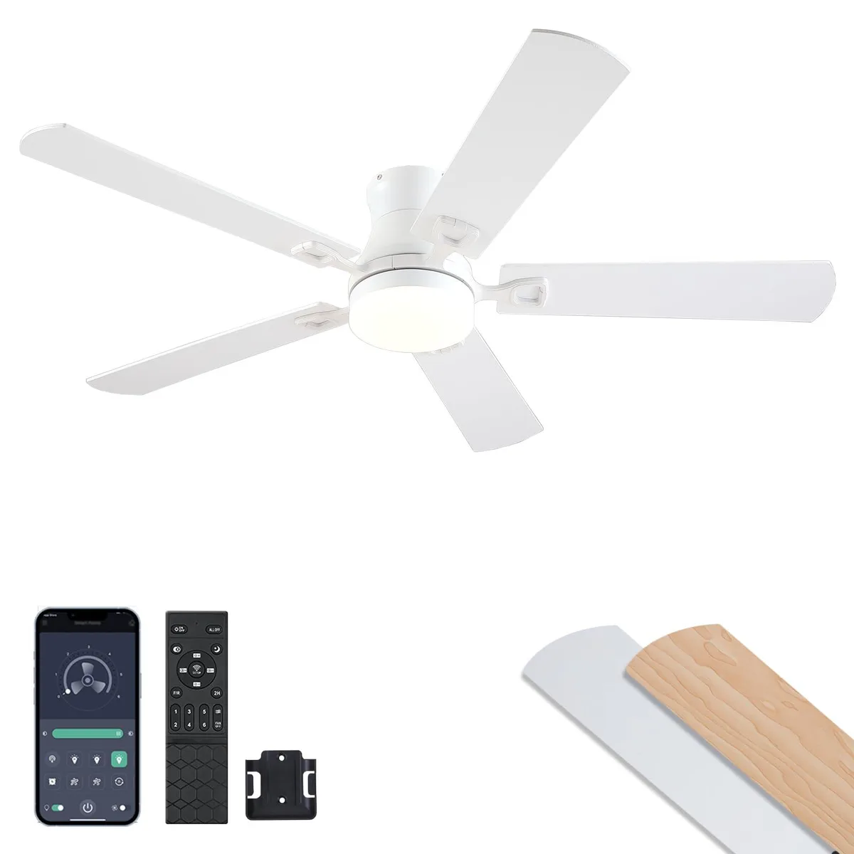 White low-profile ceiling fan with five dark blades, integrated LED light and remote control