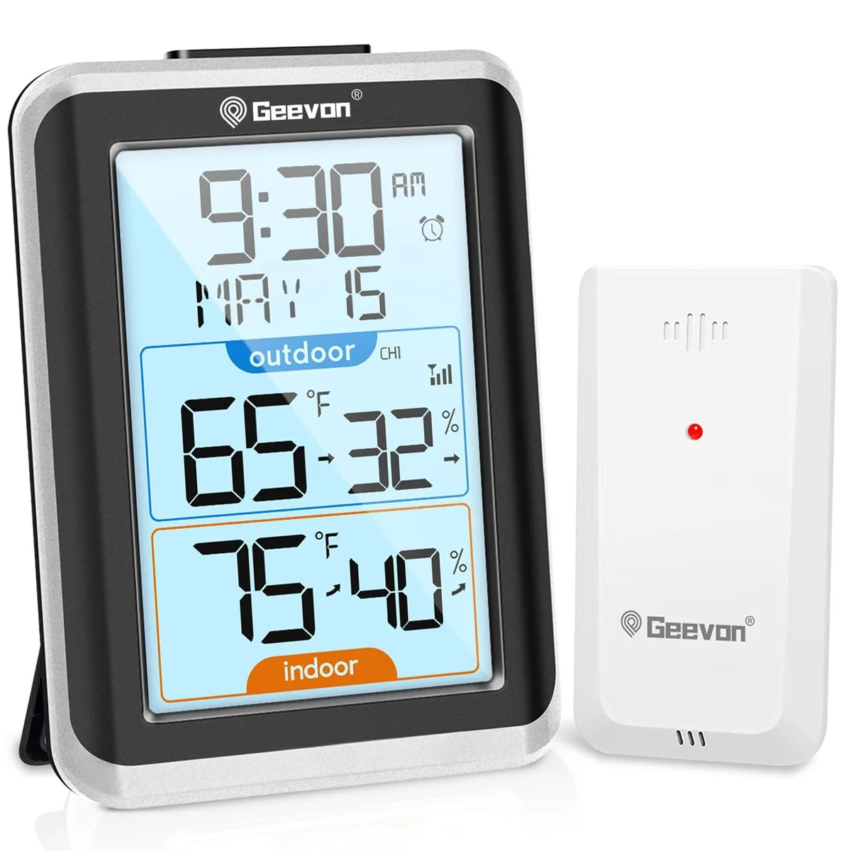 Black wireless thermometer hygrometer with 3.8 inch display and remote sensor
