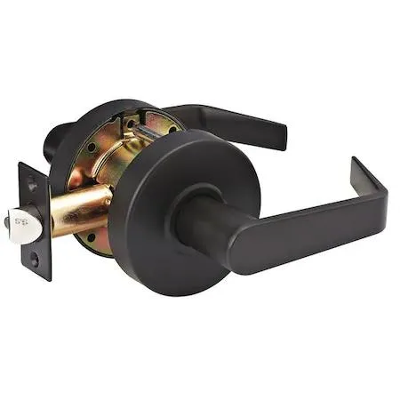 Aged bronze angled lever lockset with rectangular rose