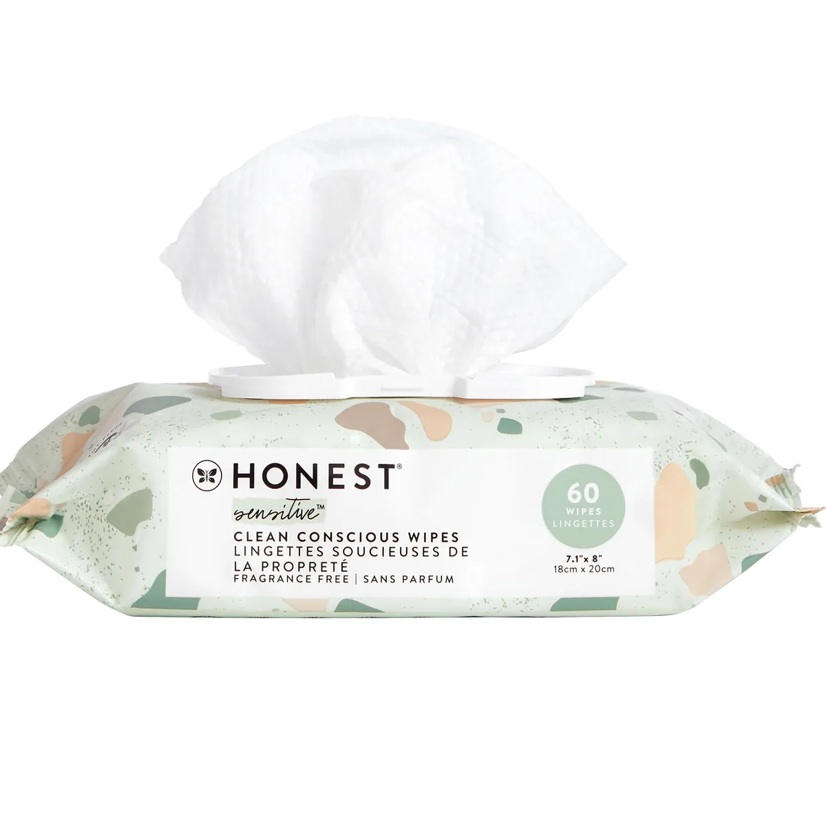 Rectangular pack of 60 unscented plant-based wipes with flip-top lid