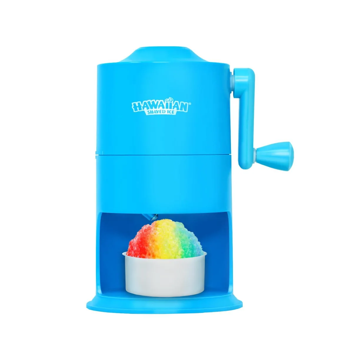 White manual ice shaver with stainless steel blade and non-slip base, lightweight countertop design