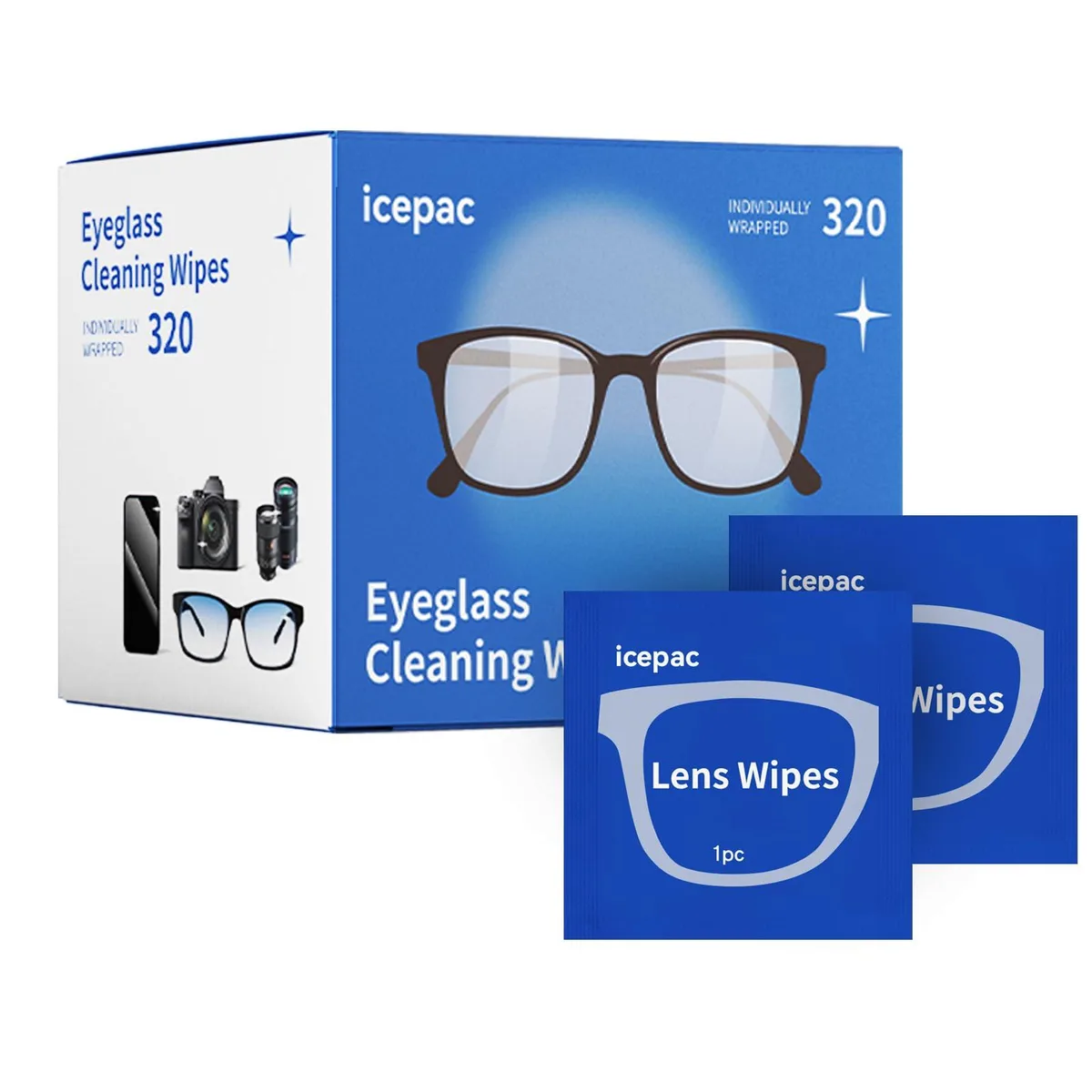 Box of 320 individually wrapped lens cleaning wipes