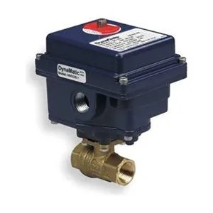 Brass electronic ball valve with silver actuator housing, female threaded ends, compact straight body