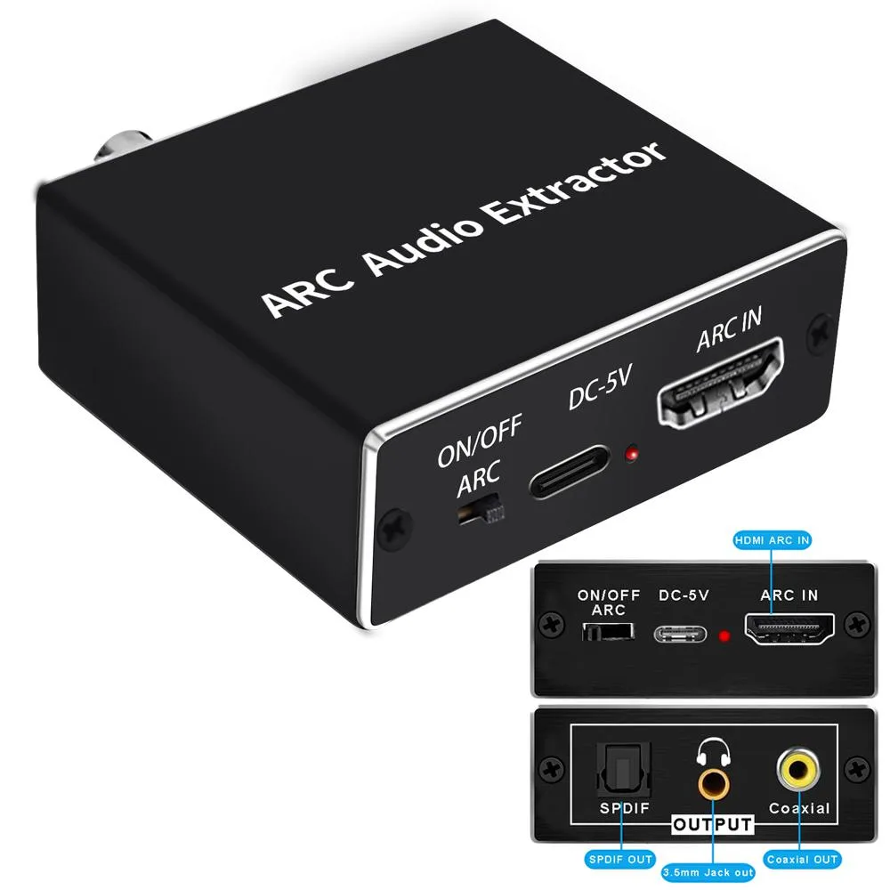 Compact black aluminium box with HDMI ARC input and optical, coaxial, 3.5mm outputs