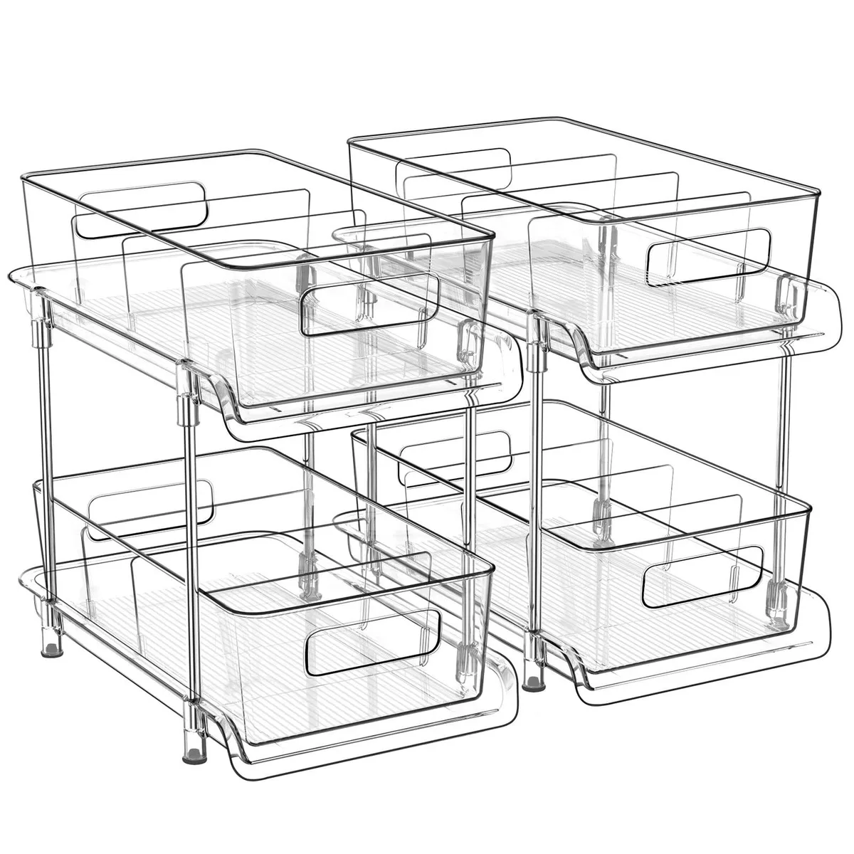 Red two-tier pull-out organizer with clear bins, twelve dividers and built-in handles