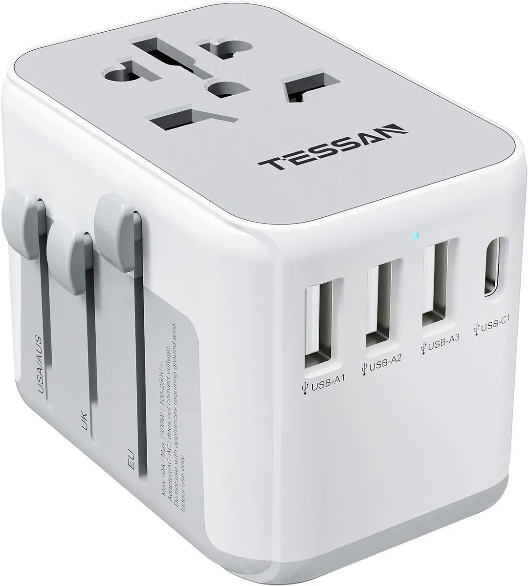 Compact white travel adapter with sliding plug pins, four USB-A ports and one USB-C port