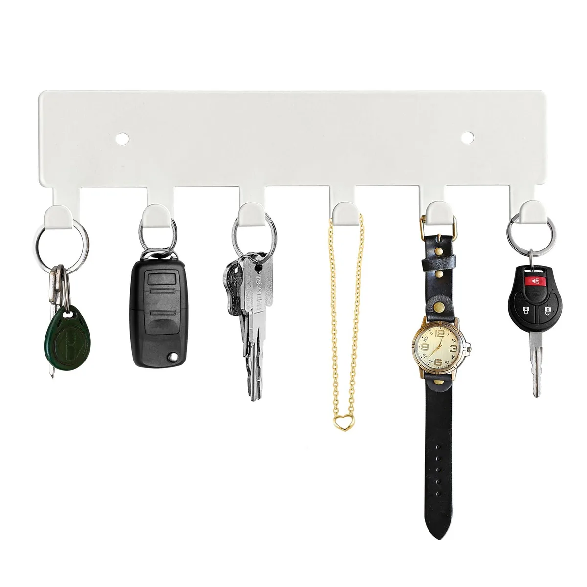 White metal wall-mounted key holder with six right-angled hooks, 8.9 by 1.69 inches
