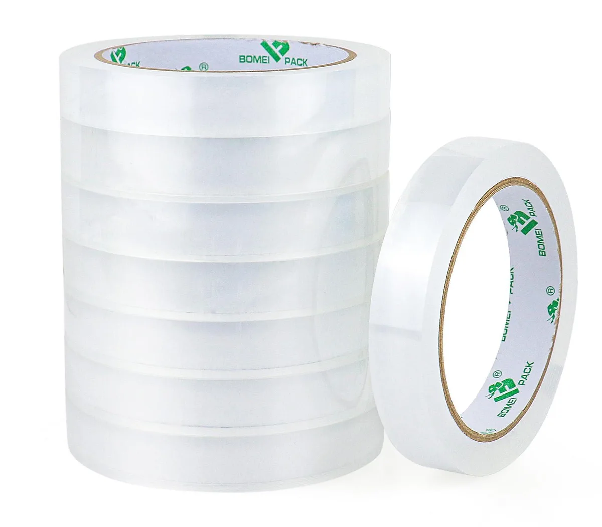 Eight rolls of clear tape on three-inch cores, each 0.75 inch wide by 60 yards long