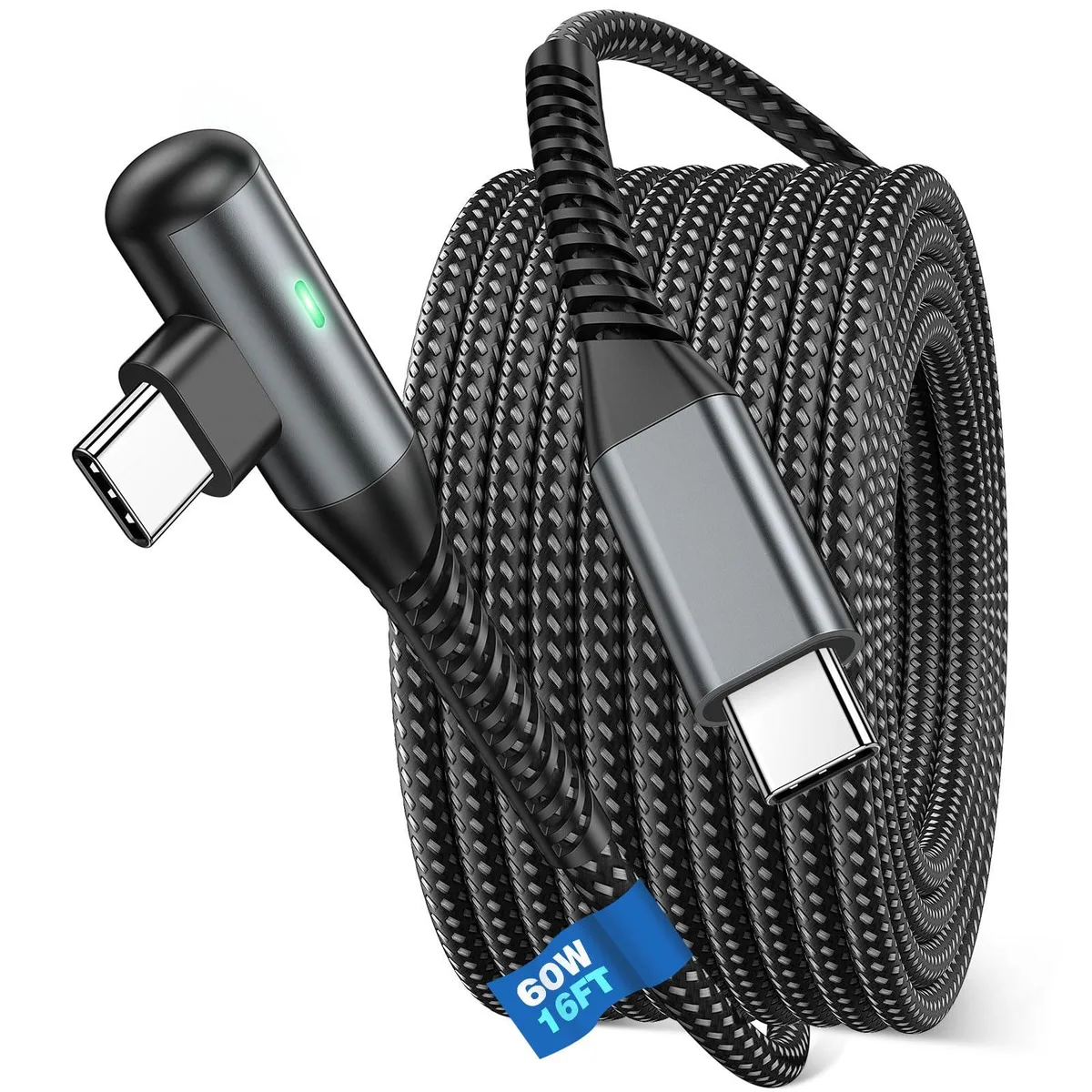 Orange braided USB-C cable with right-angle connector, 16 feet long