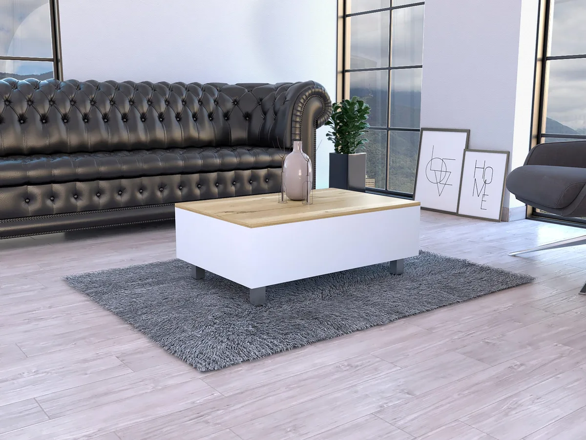 White and light oak square lift-top coffee table on locking wheels