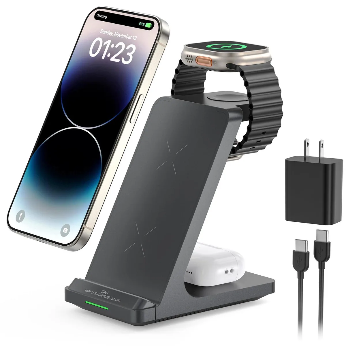 No Sew No Sew 3-in-1 Wireless Charger Stand iPhone 12-17 Apple Watch Ultra 1-11 AirPods — product photo