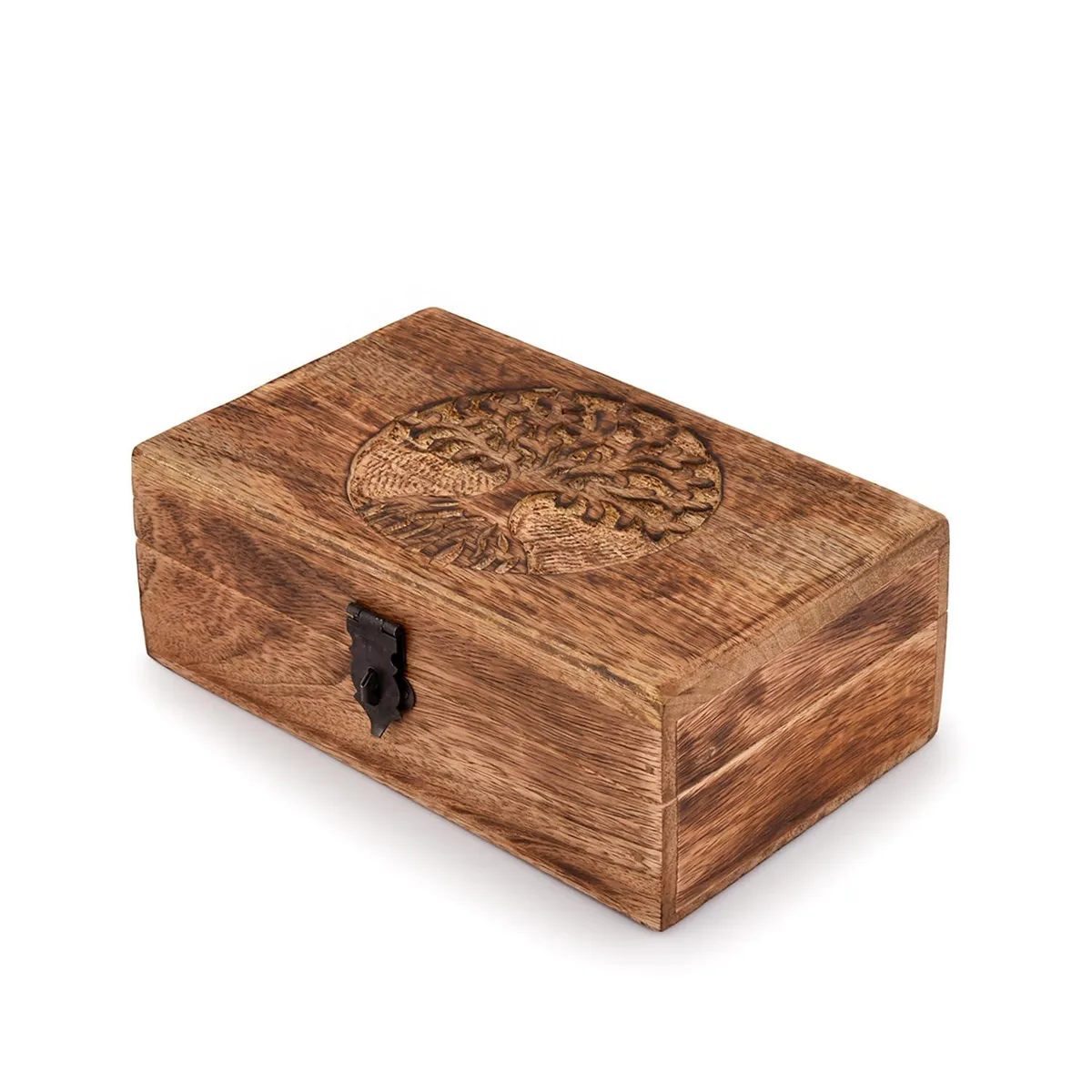 Four small wooden boxes with Tree of Life engraving and flame-work finish