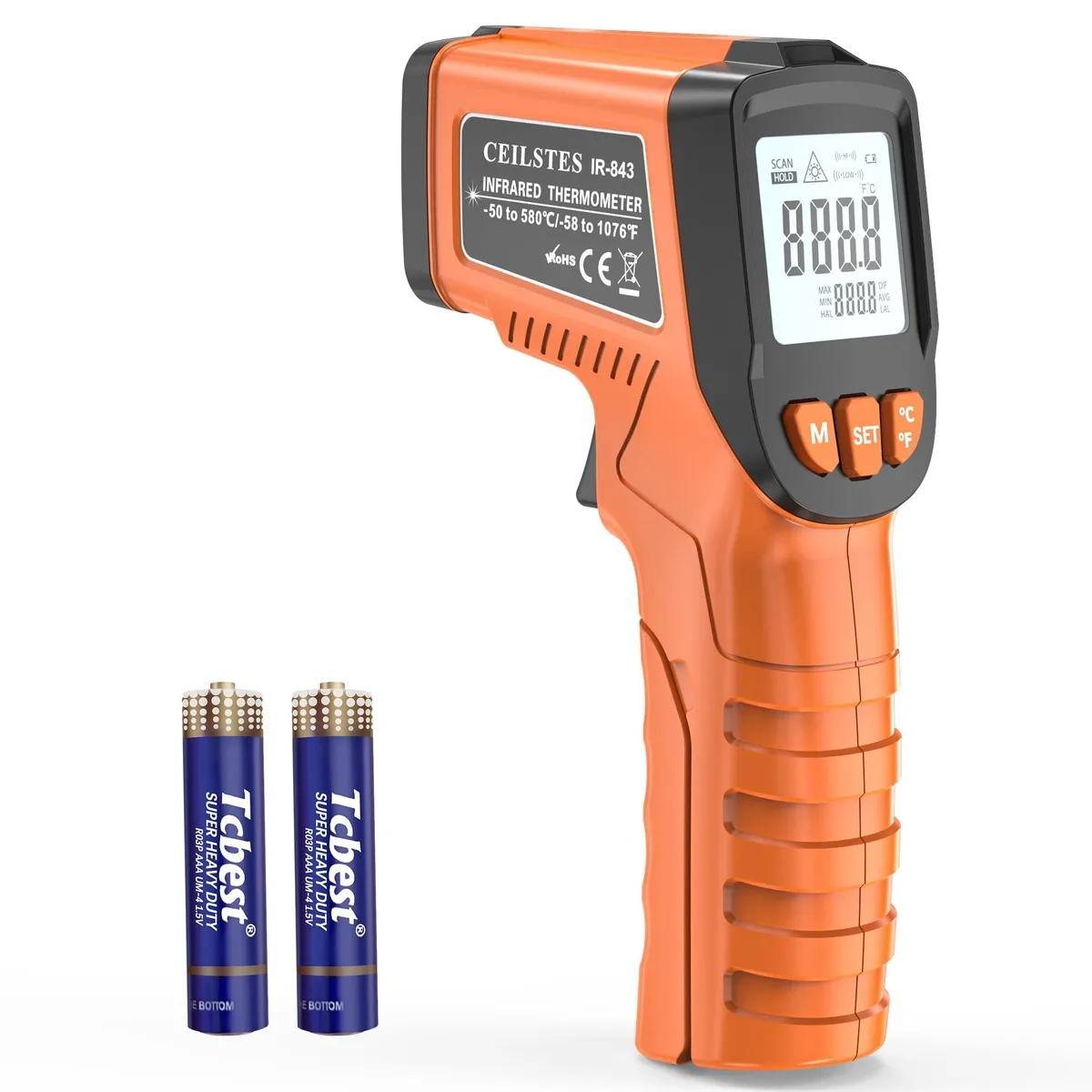 Orange infrared thermometer gun with LCD display and laser pointer