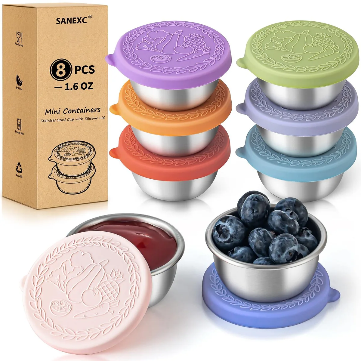 Eight red stainless steel sauce cups with silicone lids, 2.5 by 1.5 by 1.2 inches, 1.6 oz each