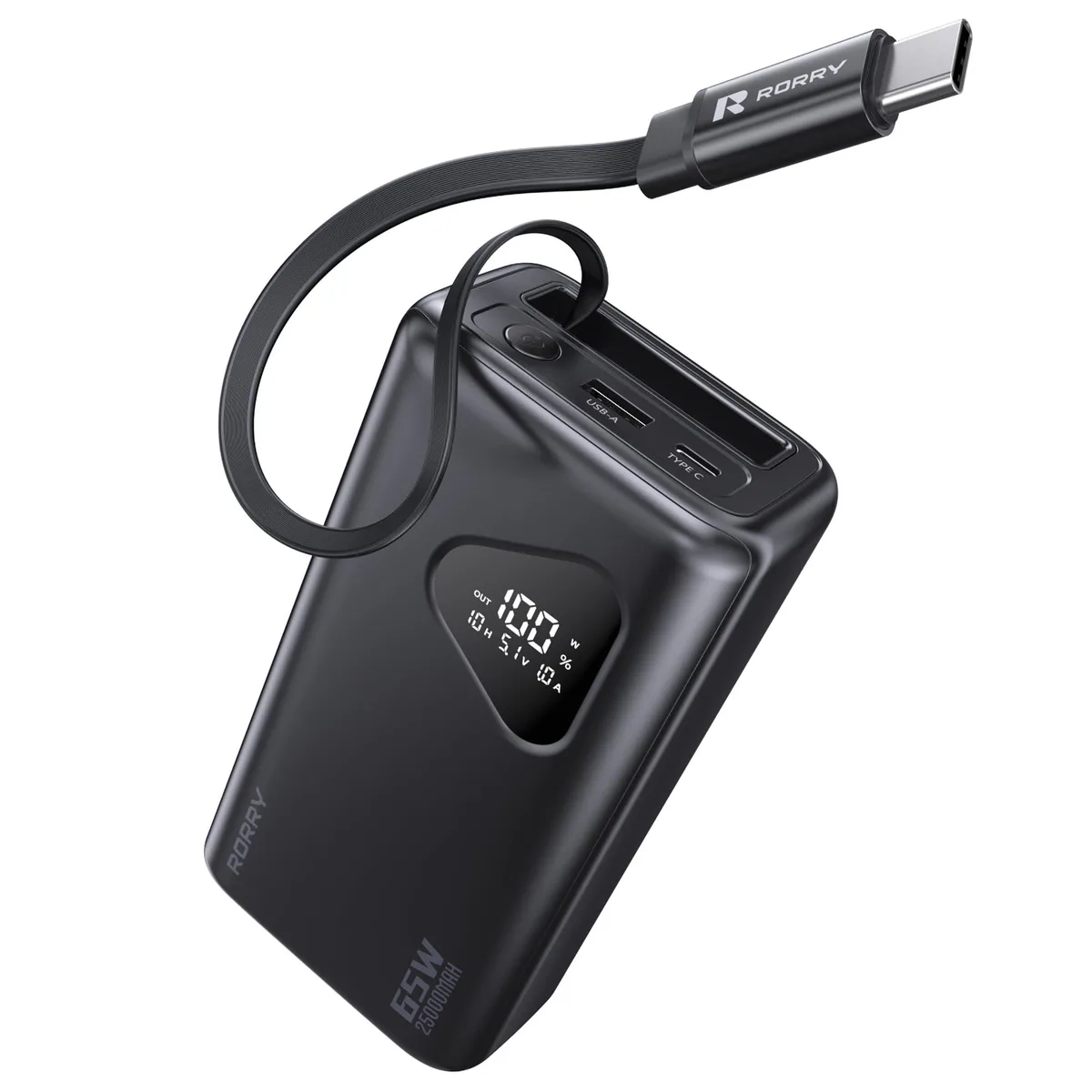 Black rectangular power bank with built-in retractable USB-C cable, USB-C and USB-A ports, matte finish