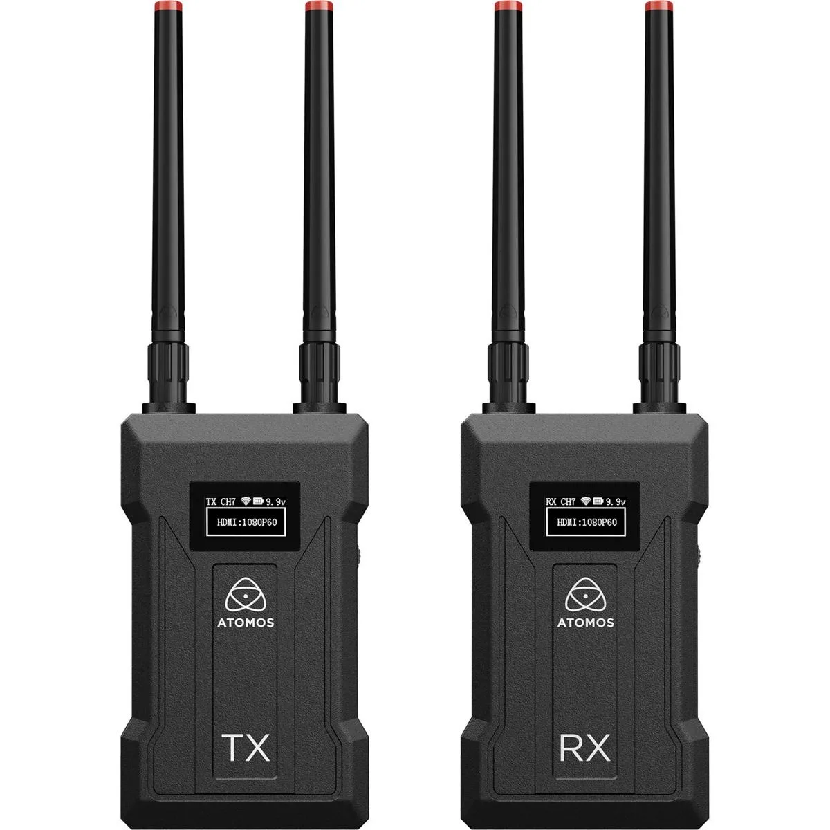 Two compact wireless video units, one transmitter and one receiver, matte black finish with HDMI and SDI ports visible