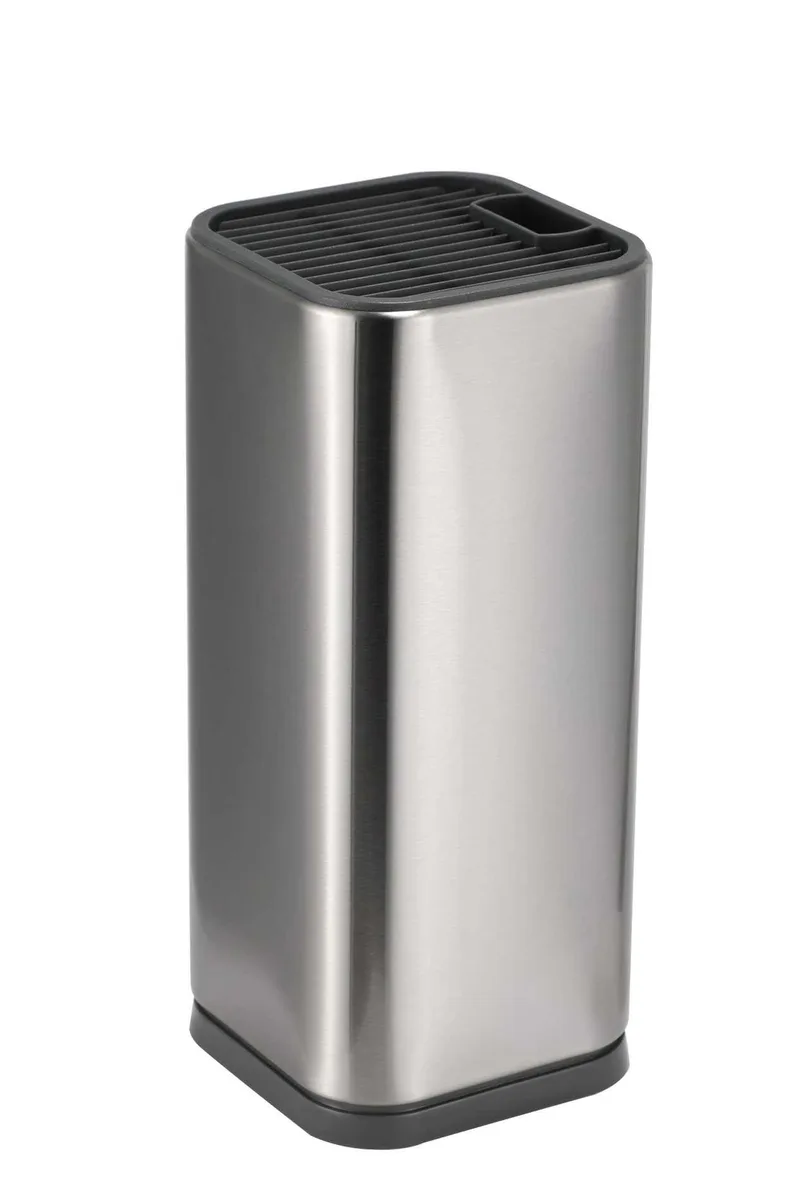 Silver stainless steel universal knife block holder, compact countertop design with scissor slot, detachable for cleaning
