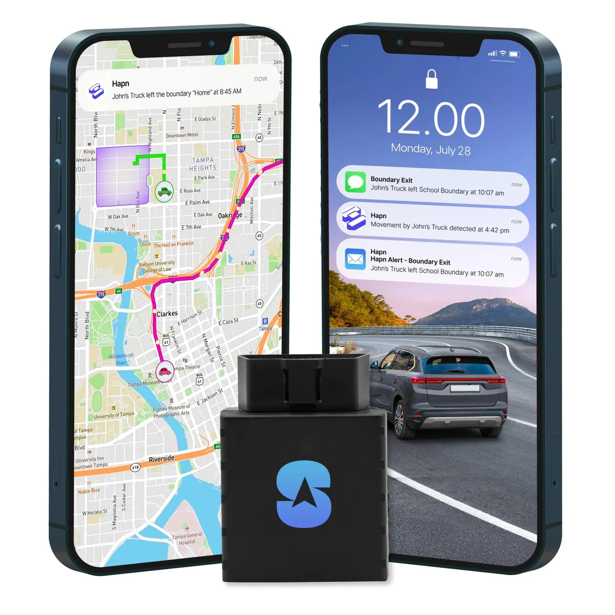 Small black plastic OBD GPS tracker with blunt rectangular shape