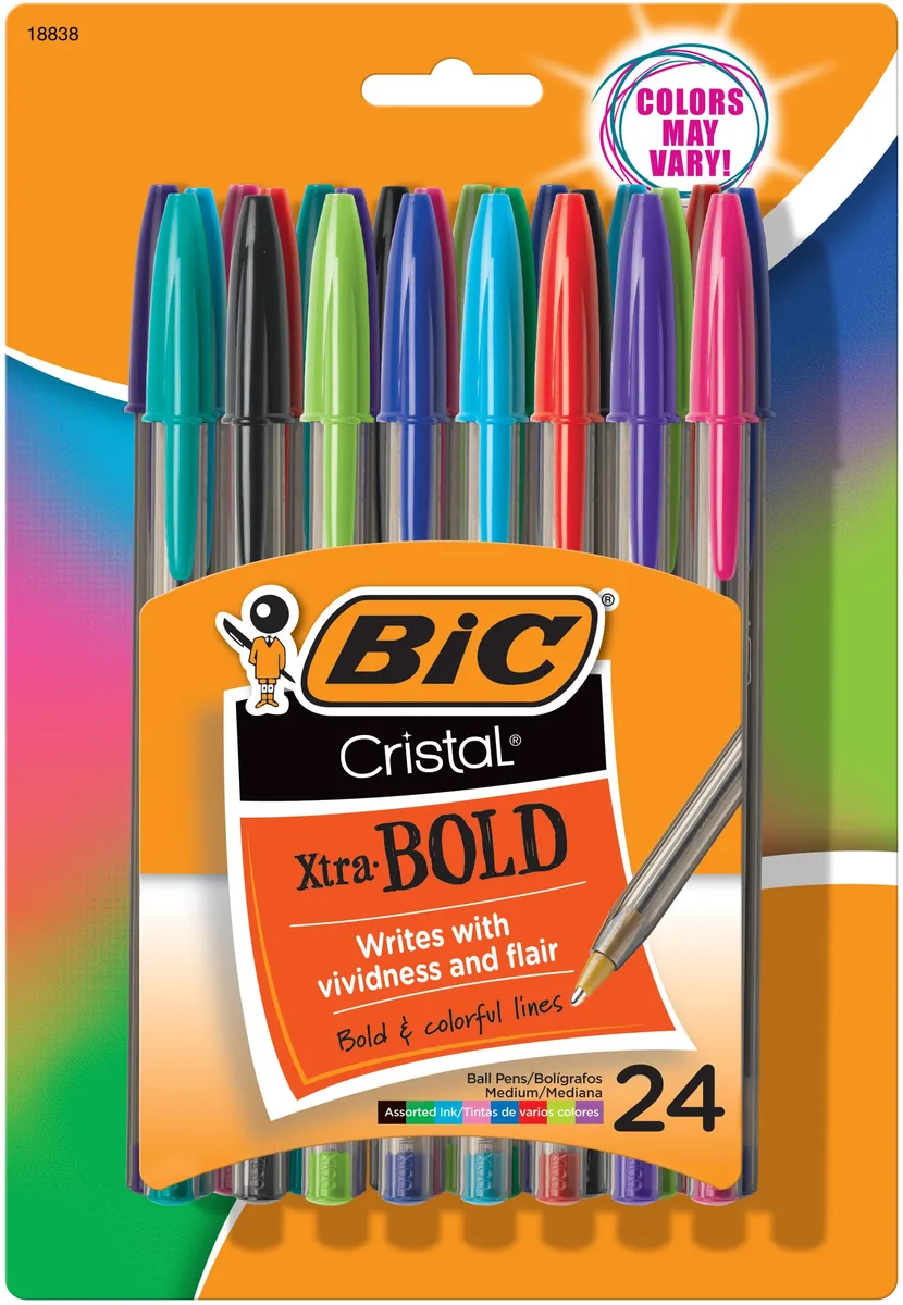 A clear plastic box holding 24 bold ballpoint pens with translucent smoked barrels in assorted colours