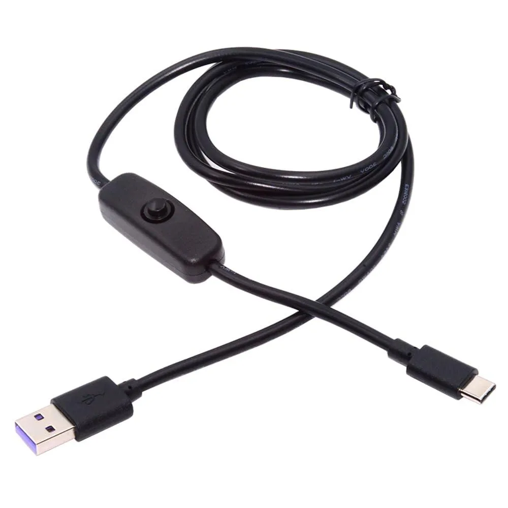 Black USB Type-C to Type-A cable with inline power switch button, 150cm length