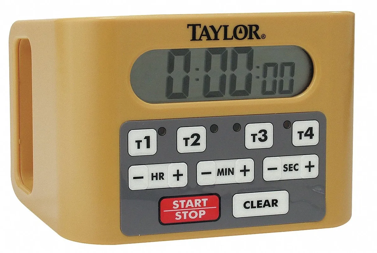 Red-and-white rectangular digital timer with LCD display and stand or wall-mount option