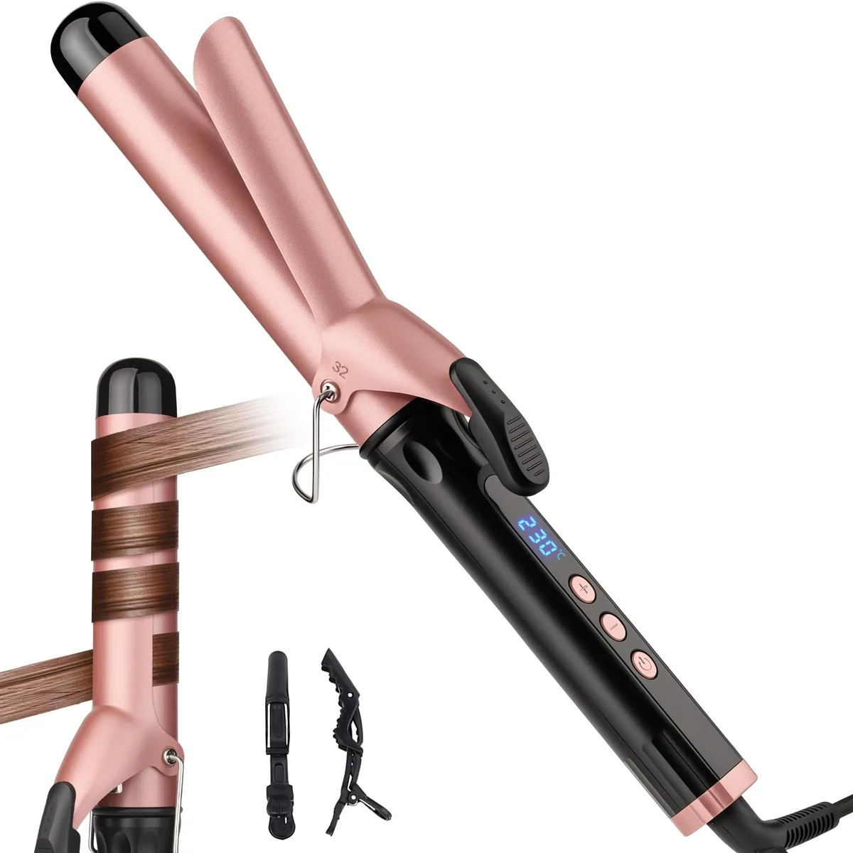 Black 1.25 inch ceramic curling iron with clamp and cool tip